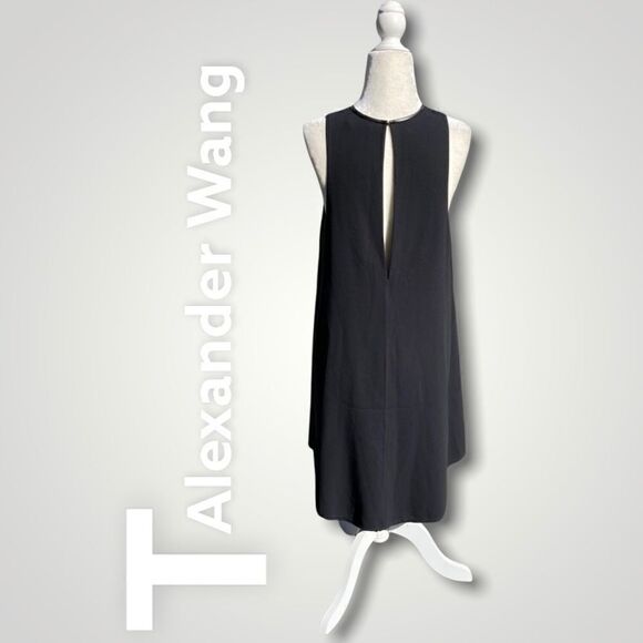 T Alexander Wang Leather Trimmed Crepe Melange Trapeze Raw Cut Swing Dress, Sz 0 - Picture 11 of 12
